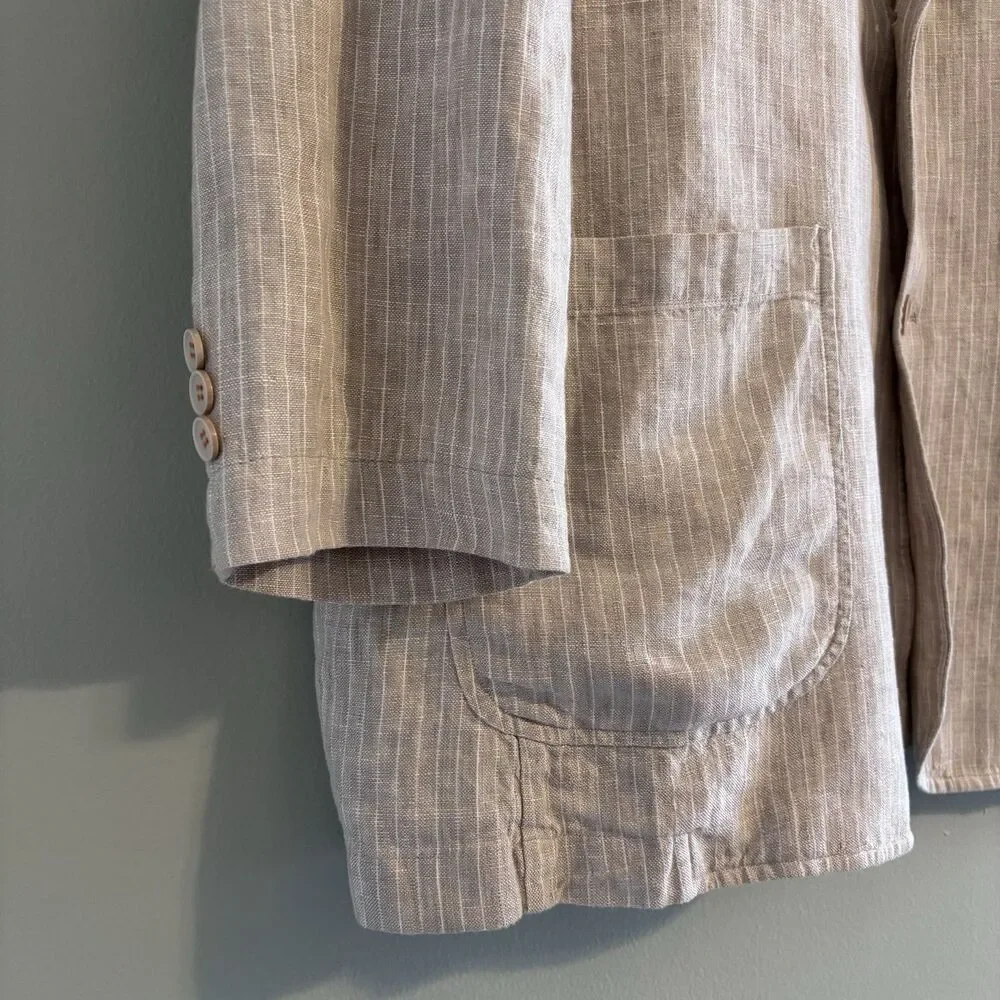 VTG Brandini Men's XL Linen Striped Sport Coat Blazer Jacket Beige Coastal Prep